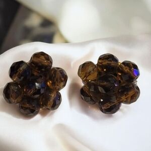 Vintage Italy 1950s Smokey Faceted Glass Bead Clip On Cluster Earrings